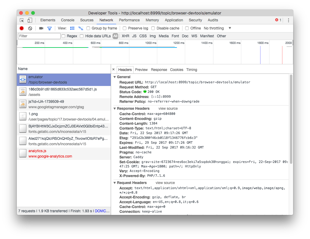 The HTTP headers report in the network panel